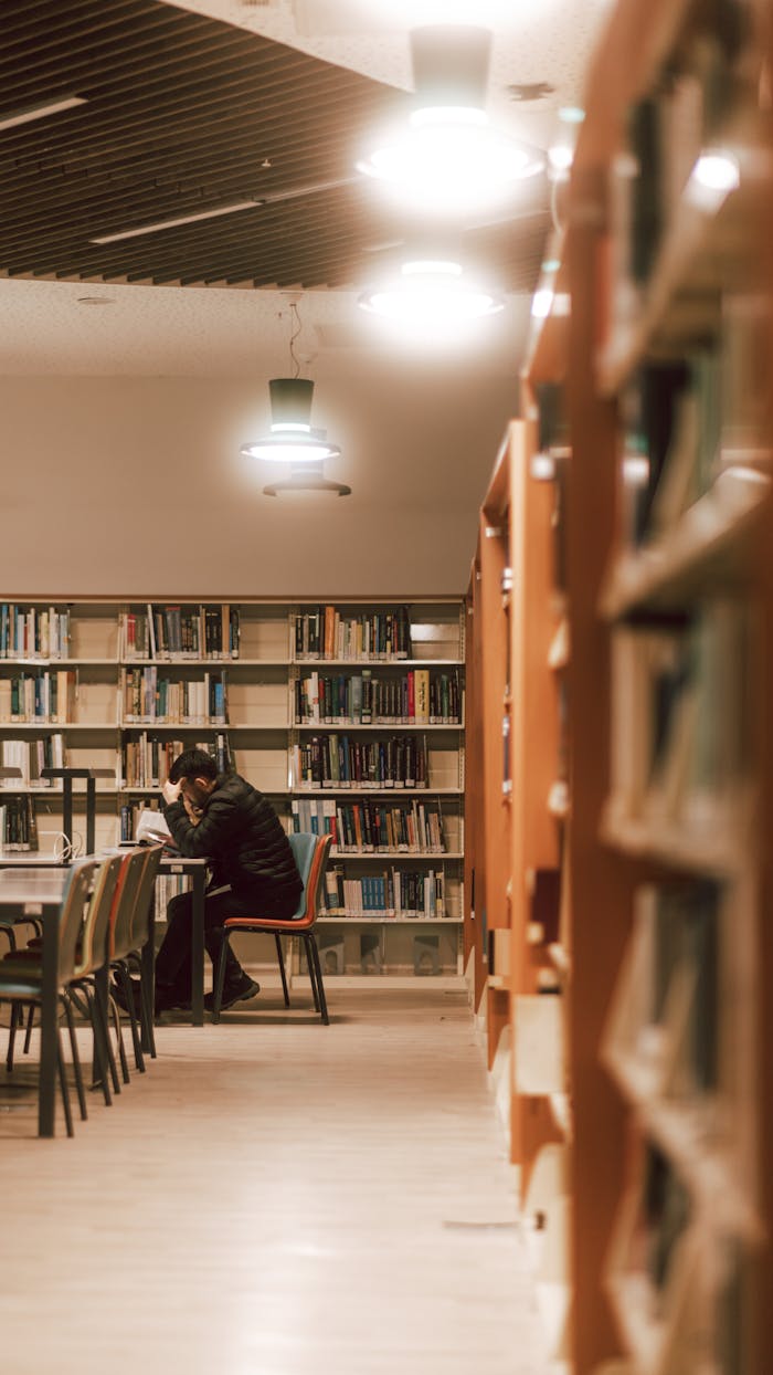A man sitting at a table in a quiet, dimly lit library surrounded by bookshelves.