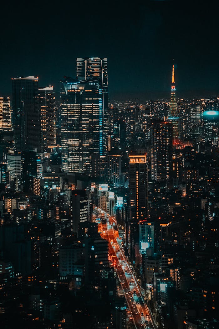 Stunning night view of Tokyo's cityscape with iconic skyline and illuminated buildings.